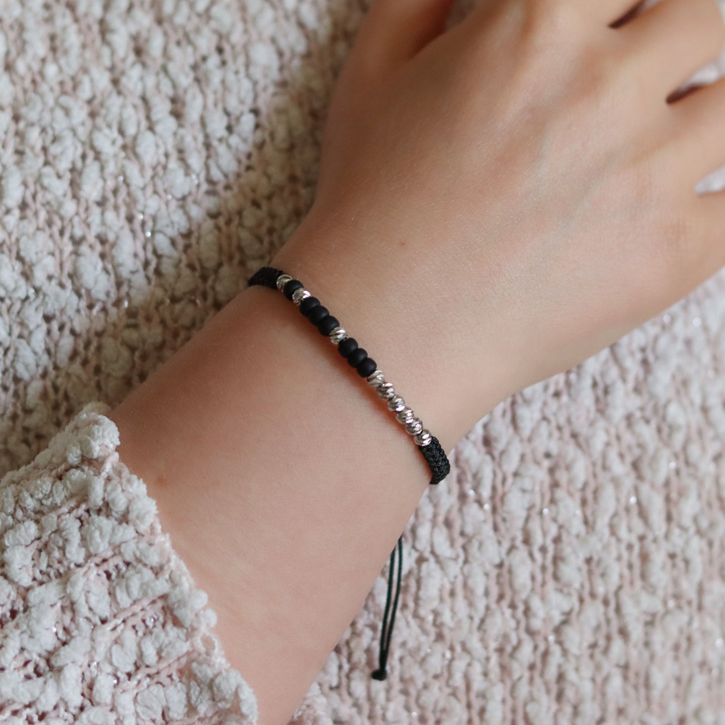Custom Black Silver Dorica Beaded Morse Code Bracelet