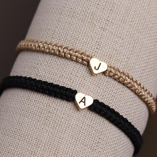 Custom Engraved Gold Heart Beaded Initial Bracelets for Couples and Friendships