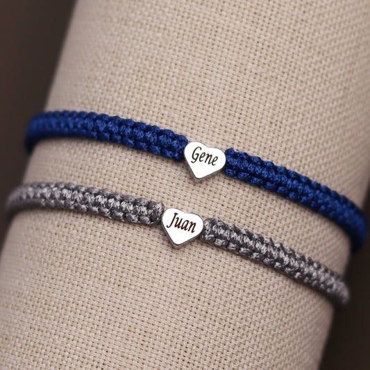 Custom Silver Heart Beaded Engraved Name Bracelets for Couples and Friendships