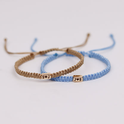 2 Pieces Custom Initial Bar Bracelets with Heart for Couple and Friendships