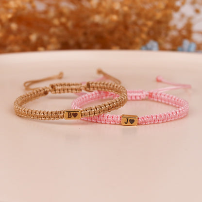 Set of 2 Custom Initial Bracelets with Heart Charm for Couple and Friendships
