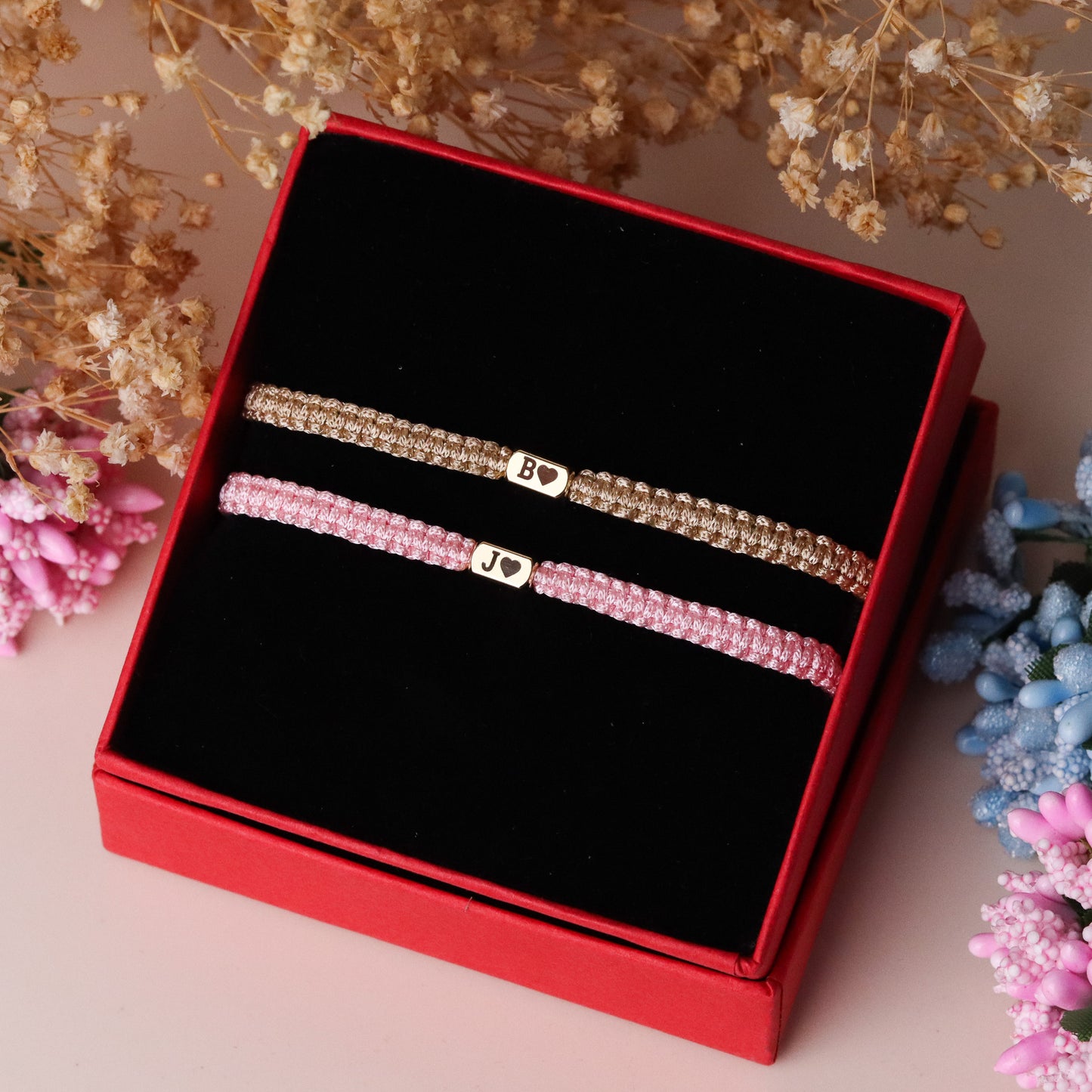 Set of 2 Custom Initial Bracelets with Heart Charm for Couple and Friendships