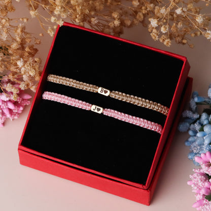 Set of 2 Custom Initial Bracelets with Heart Charm for Couple and Friendships