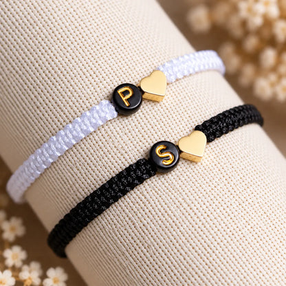 Set of 2 Custom Initial Bracelets with Heart Charm for Couple and Friendships