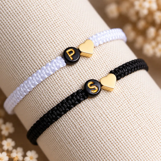 Set of 2 Custom Initial Bracelets with Heart Charm for Couple and Friendships