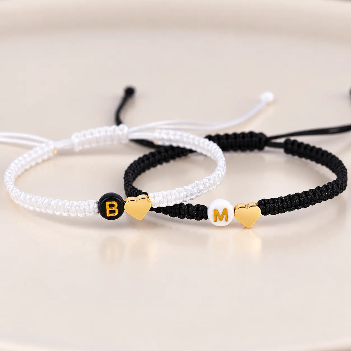 Set of 2 Custom Initial Bracelets with Heart Charm for Couple and Friendships