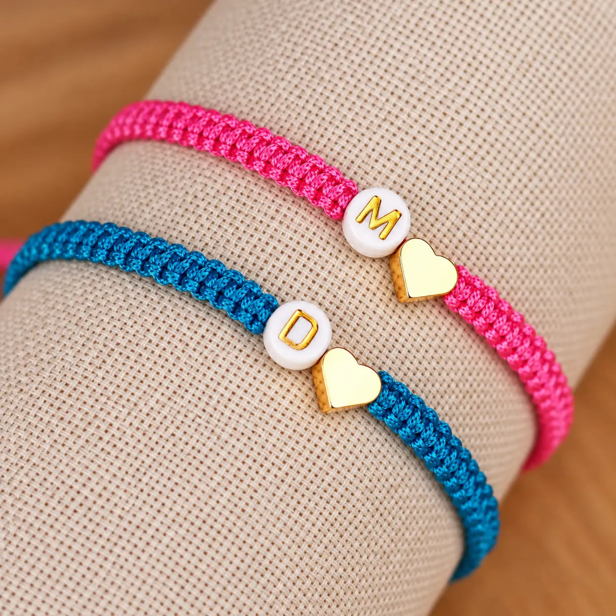 Set of 2 Custom Initial Bracelets with Heart Charm for Couple and Friendships