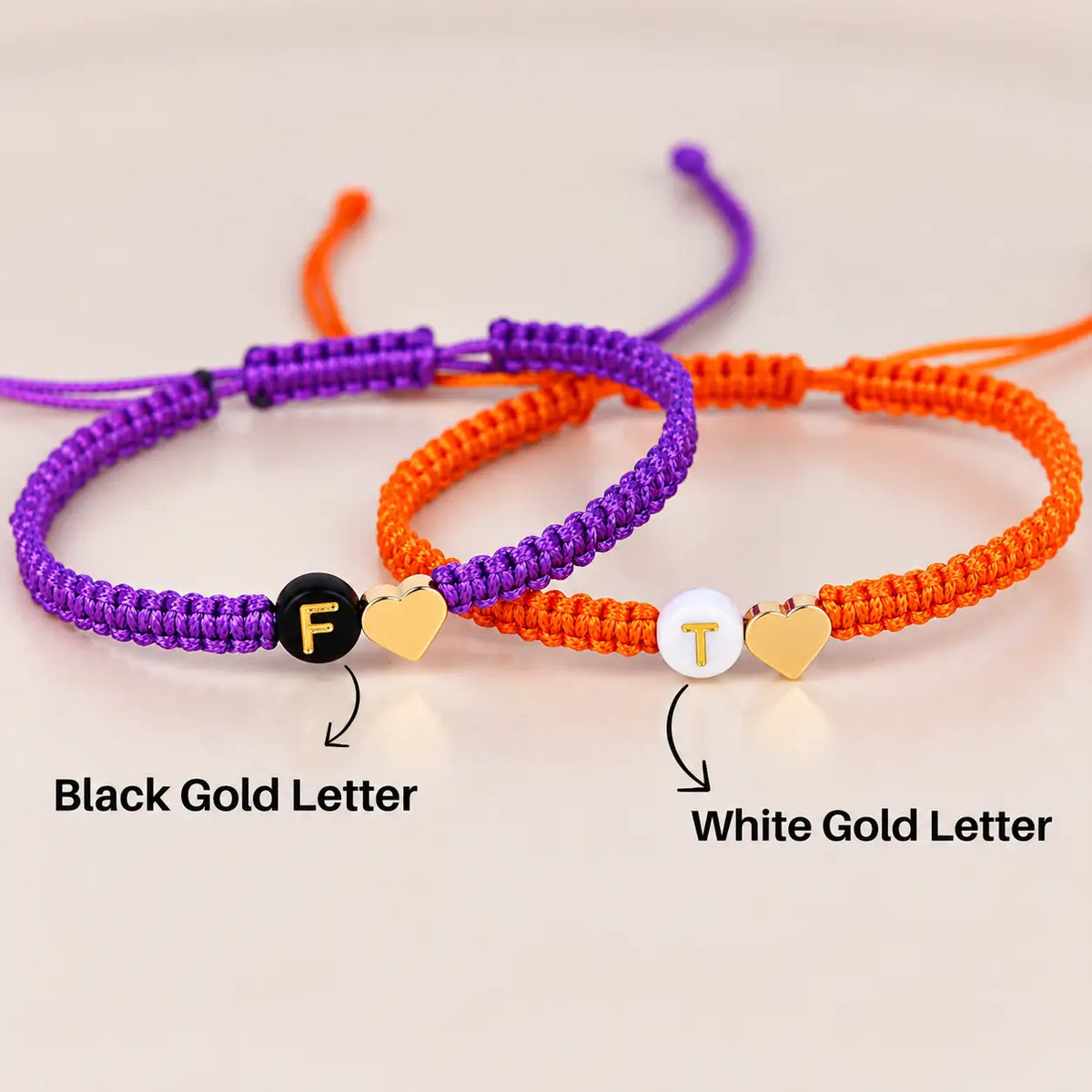 Set of 2 Custom Initial Bracelets with Heart Charm for Couple and Friendships