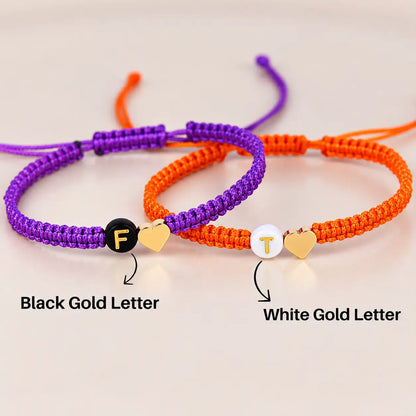 Set of 2 Custom Initial Bracelets with Heart Charm for Couple and Friendships